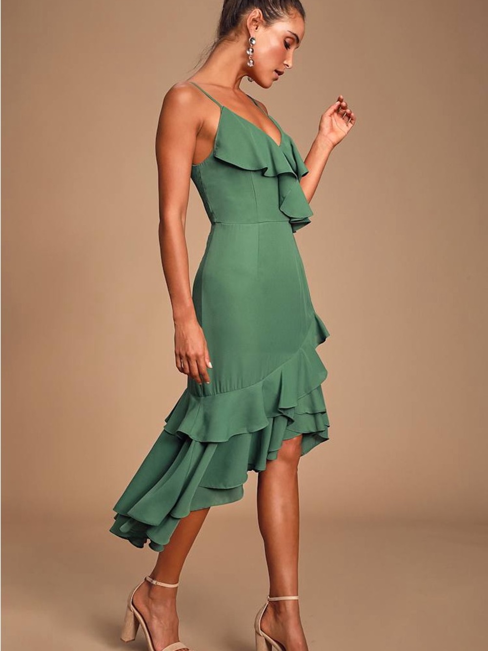 Lulu's Olive Green Ruffle High-Low Midi Dress